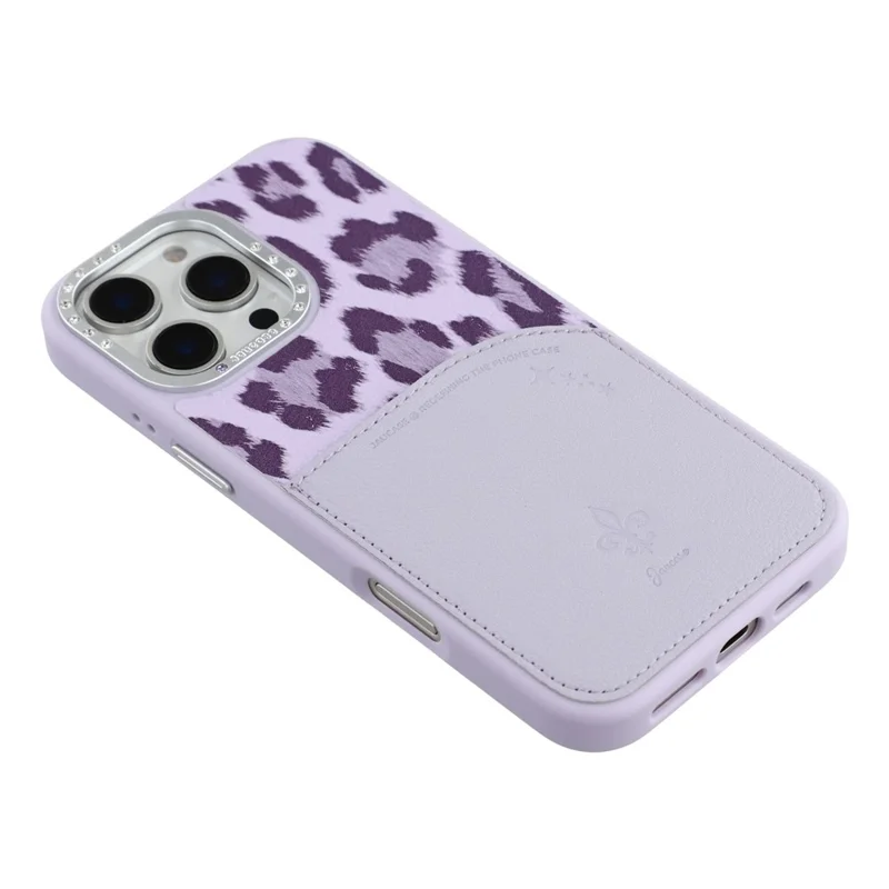 JAUCASE For iPhone 16 Pro Magnetic Case Leopard Print Card Holder PU TPU PC Phone Back Cover - Purple