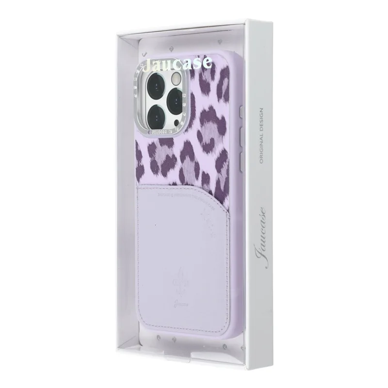 JAUCASE For iPhone 16 Pro Magnetic Case Leopard Print Card Holder PU TPU PC Phone Back Cover - Purple