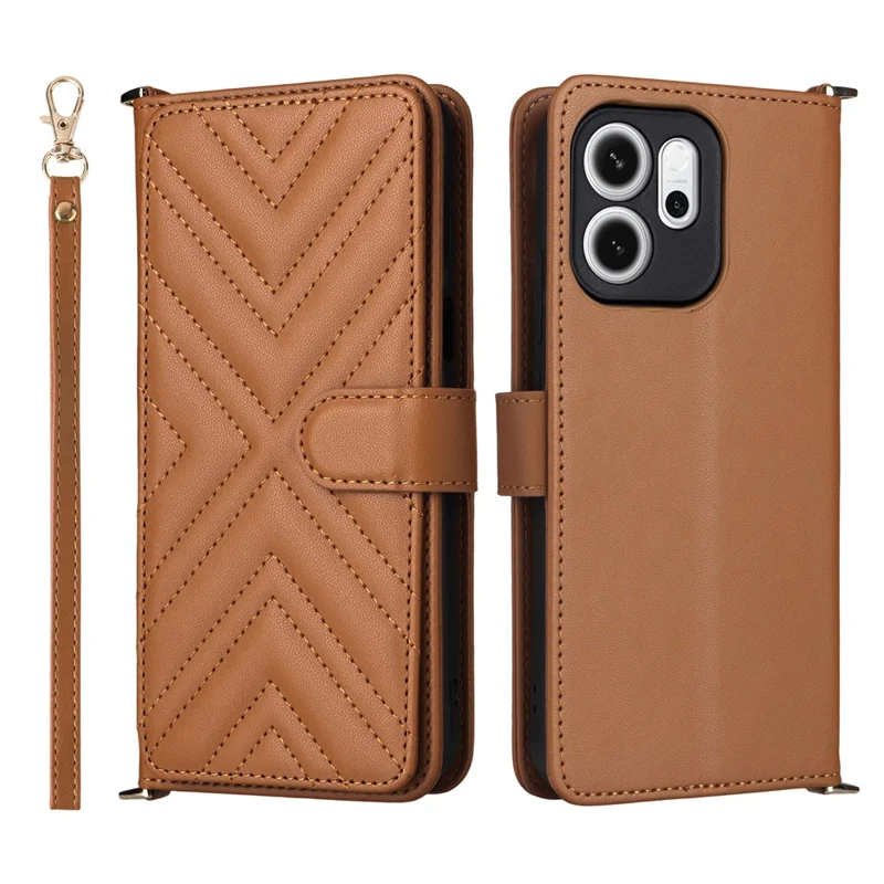 Funda para Oppo Reno14 F 5G con Correa para Hombro / Muñeca, Cubierta de Cuero con Soporte y Cartera - Marrón