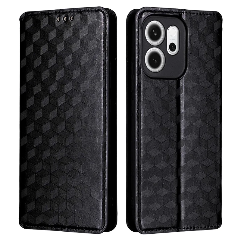 Funda tipo cartera para Oppo Reno14 F 5G, con impresión de rombos en cuero - Negro