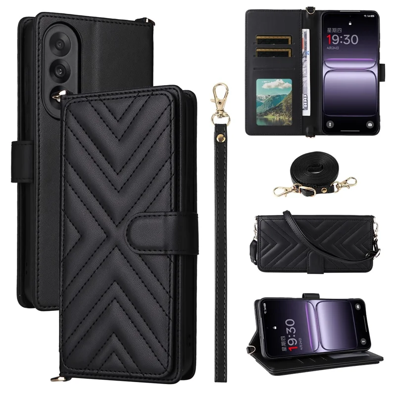 For OnePlus Nord 5 5G / Ace 5 Ultra 5G Case with Shoulder / Wrist Strap Leather Phone Cover Stand Wallet - Black