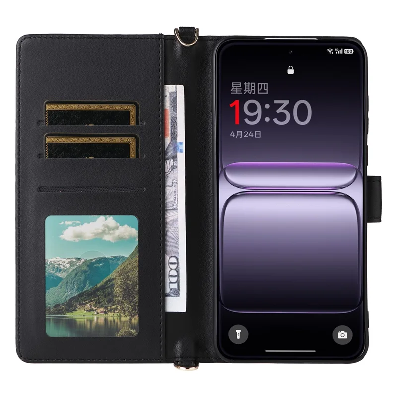 For OnePlus Nord 5 5G / Ace 5 Ultra 5G Case with Shoulder / Wrist Strap Leather Phone Cover Stand Wallet - Black