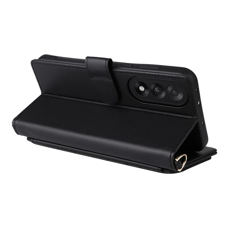 For OnePlus Nord 5 5G / Ace 5 Ultra 5G Case with Shoulder / Wrist Strap Leather Phone Cover Stand Wallet - Black