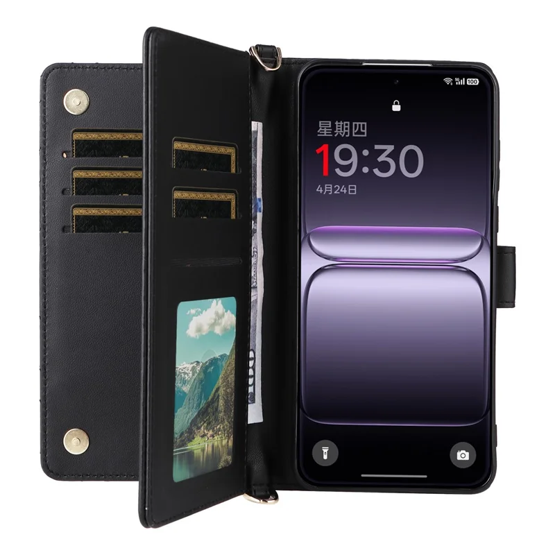 For OnePlus Nord 5 5G / Ace 5 Ultra 5G Case with Shoulder / Wrist Strap Leather Phone Cover Stand Wallet - Black