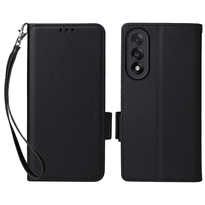 For OnePlus Nord 5 5G / Ace 5 Ultra 5G Case with Wrist Strap Litchi Texture PU Leather Wallet Phone Cover - Black