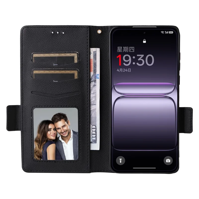 For OnePlus Nord 5 5G / Ace 5 Ultra 5G Case with Wrist Strap Litchi Texture PU Leather Wallet Phone Cover - Black