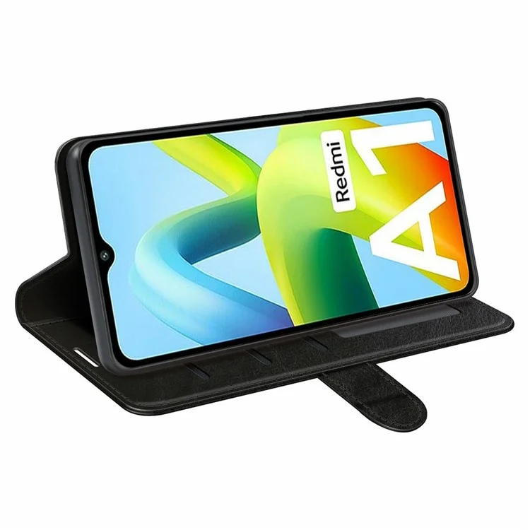 Funda de teléfono de cuero PU para Xiaomi Redmi A1 4G / A2 4G, textura de caballo loco, funda billetera con protección completa y soporte vertical - Negro