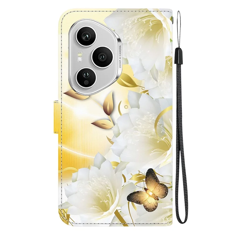 حافظة هاتف بمحفظة لهاتف Honor 400 Pro 5G (عالمي) - غطاء قلاب من الجلد مطبوع بتصميم مقاوم للسقوط مع حزام يد - زهرة فراشة ذهبية