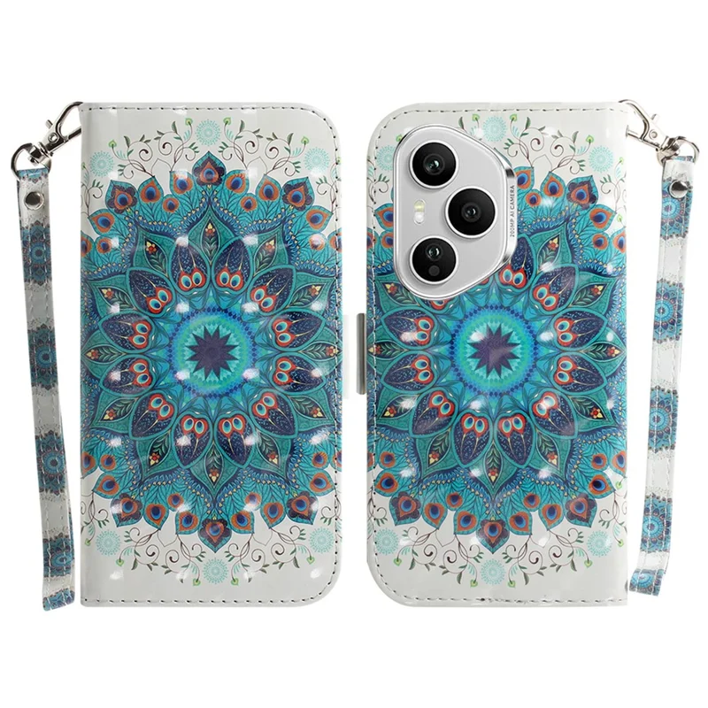 For Honor 400 Pro 5G (Global) Case Pattern Printing Leather Wallet Phone Cover with Wrist Strap - Peacock Wreath