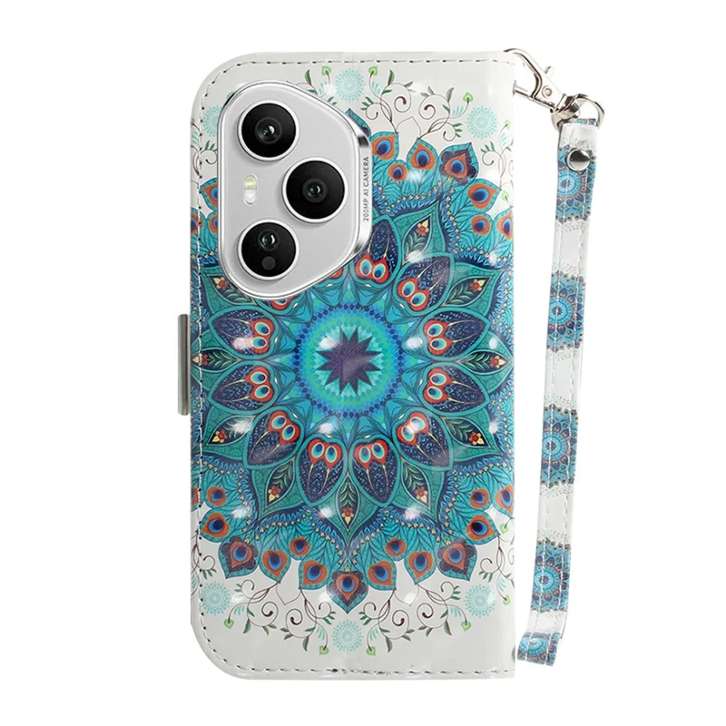 For Honor 400 Pro 5G (Global) Case Pattern Printing Leather Wallet Phone Cover with Wrist Strap - Peacock Wreath