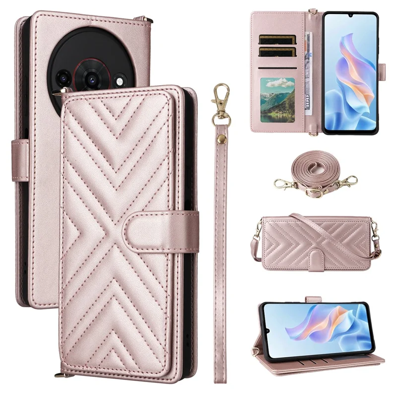 Étui pour ZTE Blade A76 5G avec Bandoulière / Bracelet Housse de Téléphone en Cuir Support Portefeuille - Rose