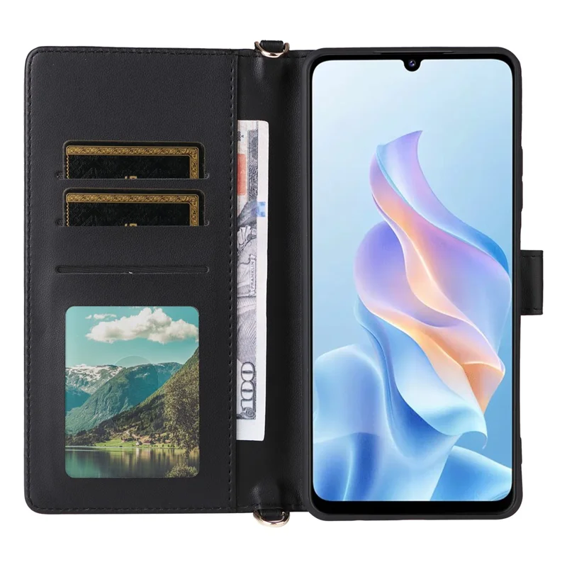 For ZTE Blade A76 5G Case with Shoulder / Wrist Strap Leather Phone Cover Stand Wallet - Black
