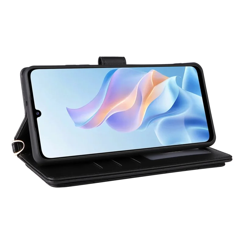 For ZTE Blade A76 5G Case with Shoulder / Wrist Strap Leather Phone Cover Stand Wallet - Black