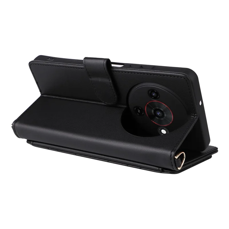 For ZTE Blade A76 5G Case with Shoulder / Wrist Strap Leather Phone Cover Stand Wallet - Black