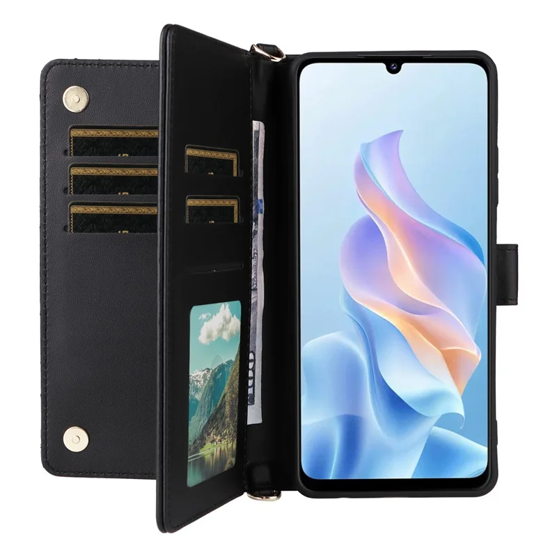 For ZTE Blade A76 5G Case with Shoulder / Wrist Strap Leather Phone Cover Stand Wallet - Black