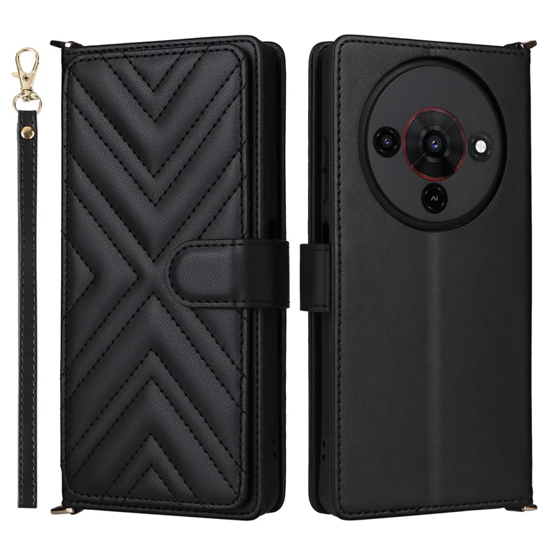 For ZTE Blade A76 5G Case with Shoulder / Wrist Strap Leather Phone Cover Stand Wallet - Black