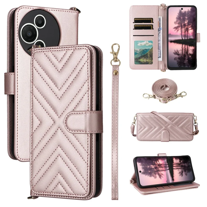 Étui TCL 60 SE NxtPaper 5G avec Bandoulière / Bracelet Housse en Cuir Support de Téléphone Portefeuille - Rose