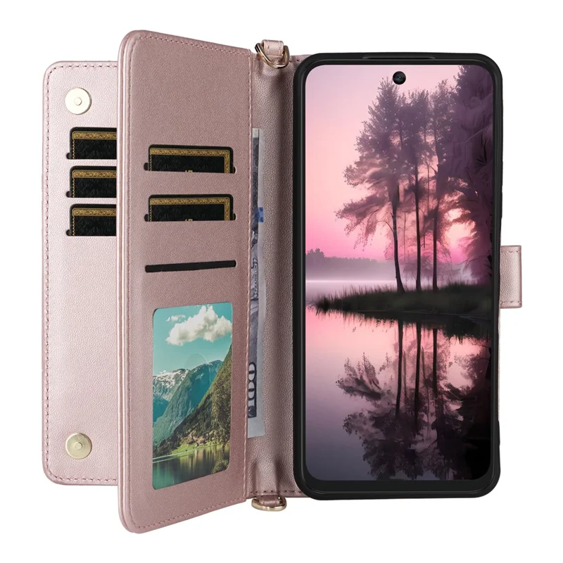 Étui TCL 60 SE NxtPaper 5G avec Bandoulière / Bracelet Housse en Cuir Support de Téléphone Portefeuille - Rose