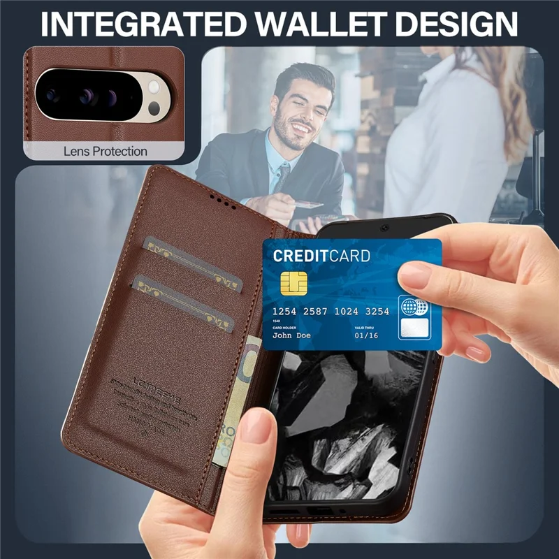 LC.IMEEKE L1 Series for Google Pixel 10 Pro / 10 / 9 Pro / 9 Case PU Leather Wallet Stand Protective Phone Cover - Brown