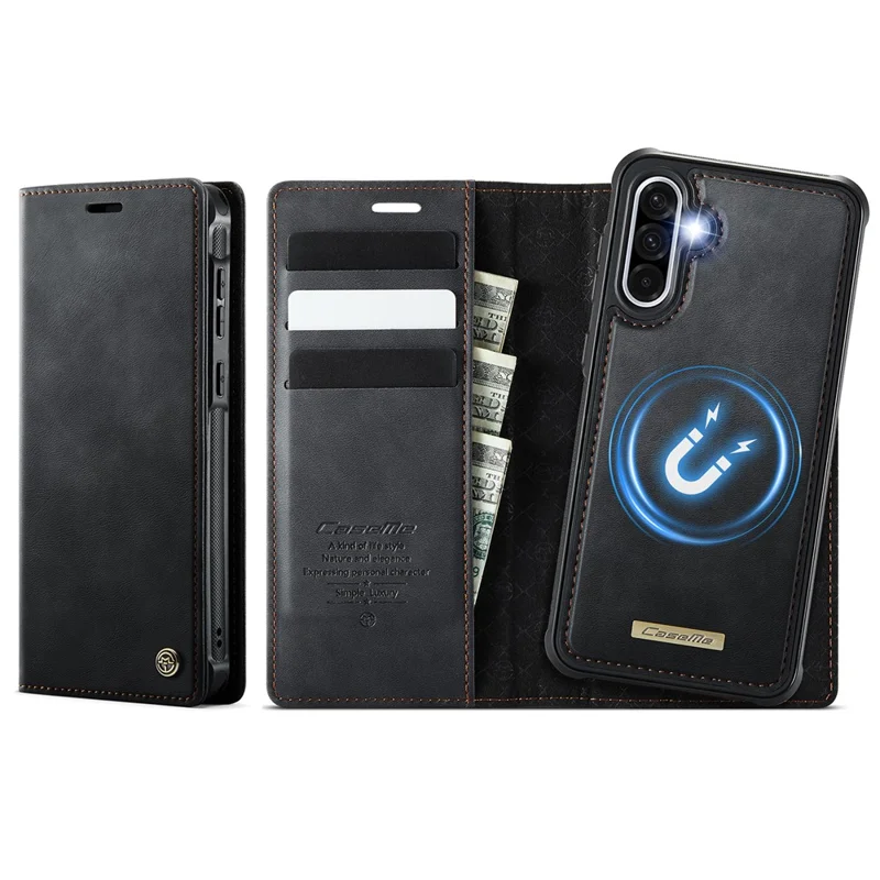CASEME C49 For Samsung Galaxy A56 5G Magnetic Case RFID Blocking Detachable Wallet Leather Phone Cover - Black