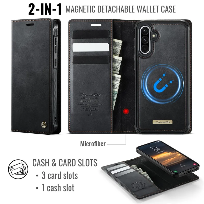CASEME C49 For Samsung Galaxy A56 5G Magnetic Case RFID Blocking Detachable Wallet Leather Phone Cover - Black