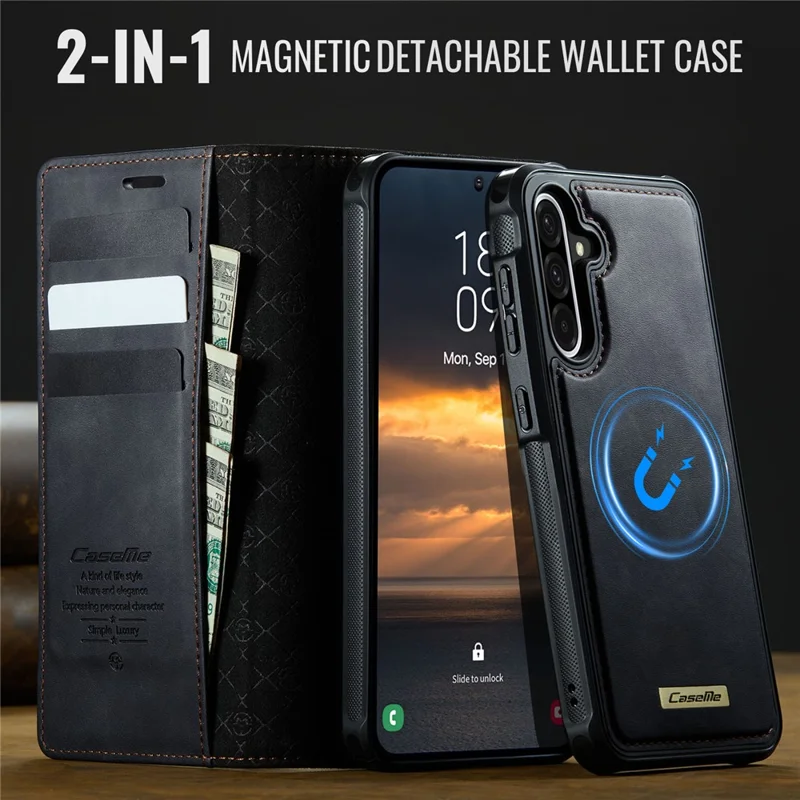 CASEME C49 For Samsung Galaxy A56 5G Magnetic Case RFID Blocking Detachable Wallet Leather Phone Cover - Black