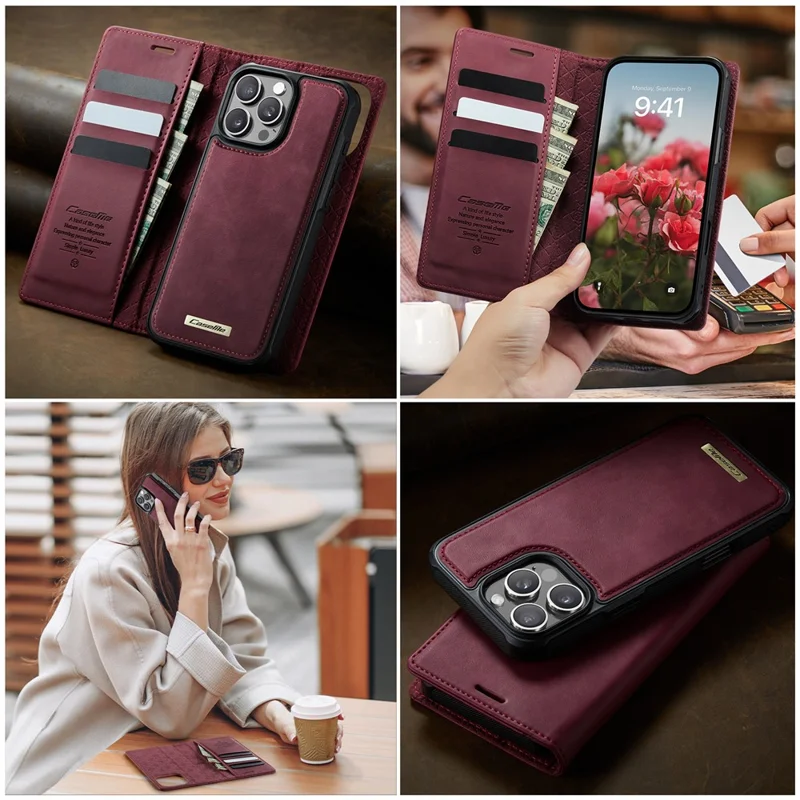 CASEME C49 For iPhone 16 Pro Max Case Compatible with MagSafe RFID Blocking Detachable Wallet Leather Phone Cover - Red