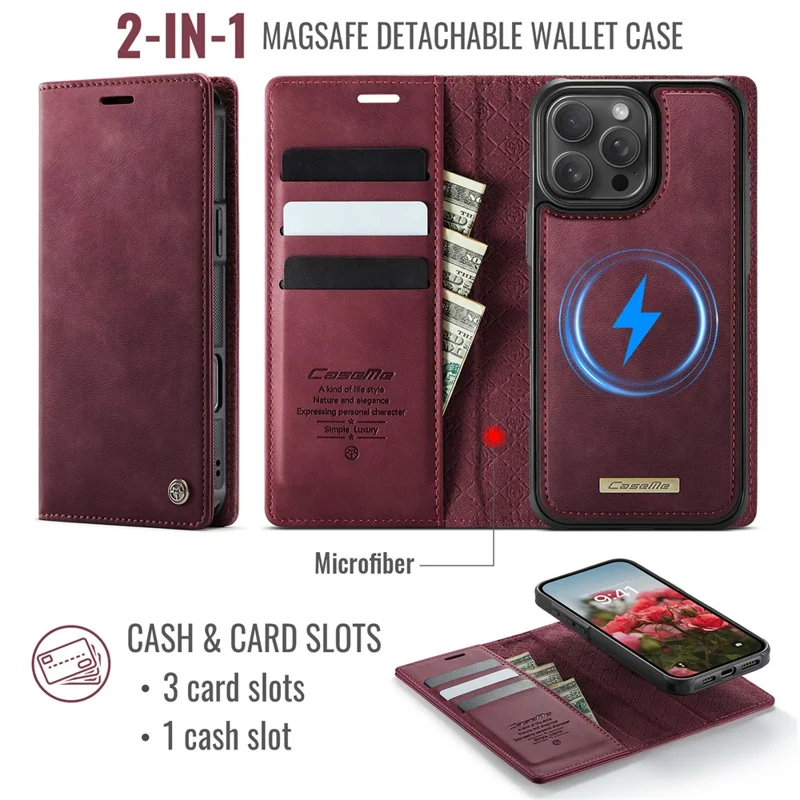 CASEME C49 For iPhone 16 Pro Max Case Compatible with MagSafe RFID Blocking Detachable Wallet Leather Phone Cover - Red