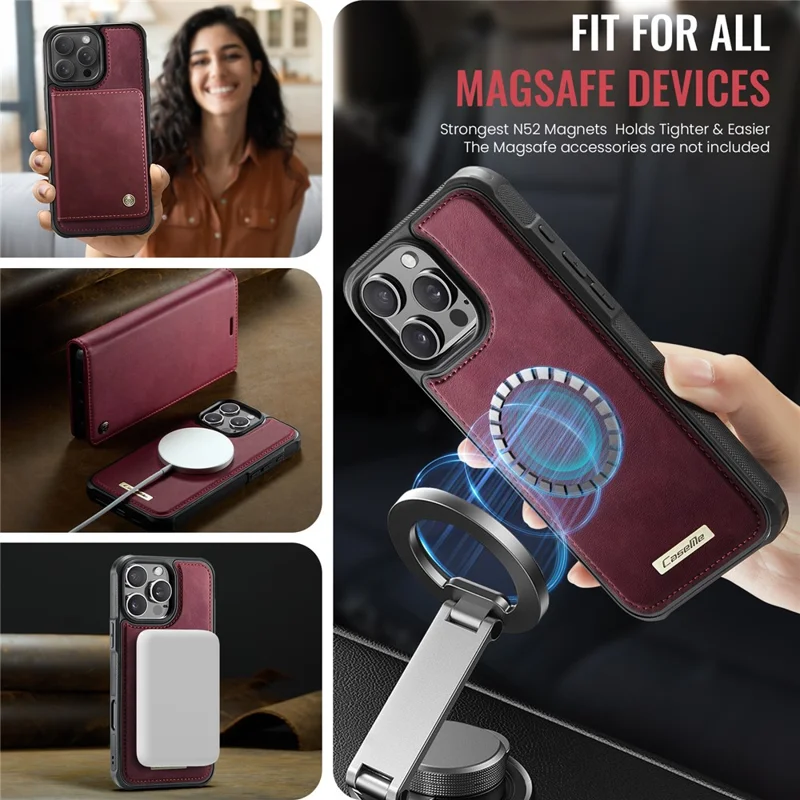 CASEME C49 For iPhone 16 Pro Max Case Compatible with MagSafe RFID Blocking Detachable Wallet Leather Phone Cover - Red