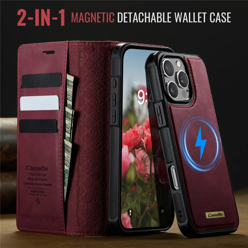 CASEME C49 For iPhone 16 Pro Max Case Compatible with MagSafe RFID Blocking Detachable Wallet Leather Phone Cover - Red
