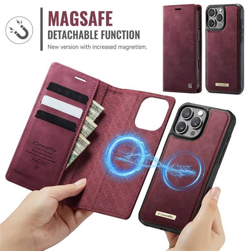 CASEME C49 For iPhone 16 Pro Max Case Compatible with MagSafe RFID Blocking Detachable Wallet Leather Phone Cover - Red