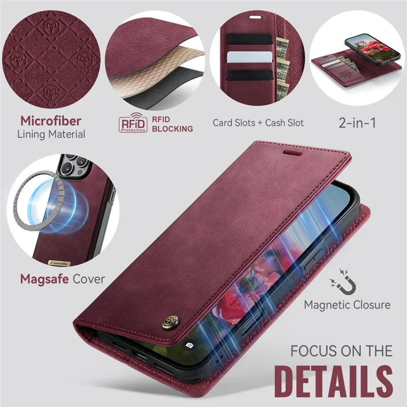 CASEME C49 For iPhone 16 Pro Max Case Compatible with MagSafe RFID Blocking Detachable Wallet Leather Phone Cover - Red