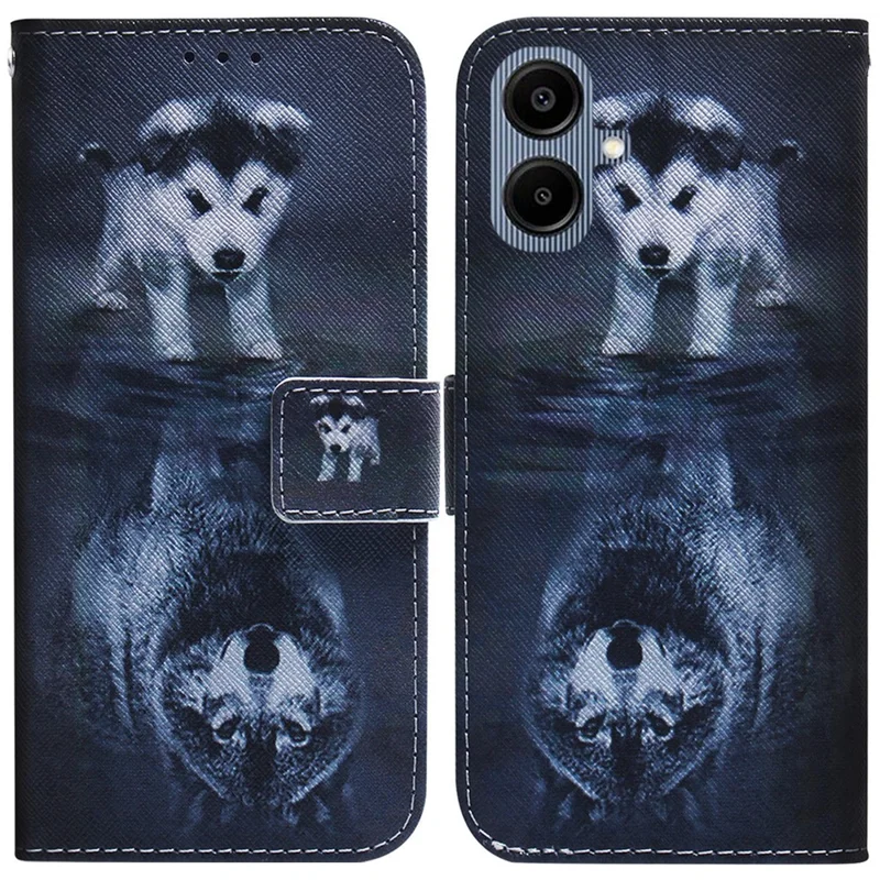 Capa de Telefone de Couro com Estampa Padrão para Samsung Galaxy A07 5G - Cachorro e Lobo