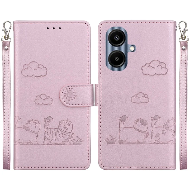 For 	Samsung Galaxy A07 5G Case RFID Blocking Kitten Pattern TPU + PU Leather Phone Cover with Wrist Strap - Pink
