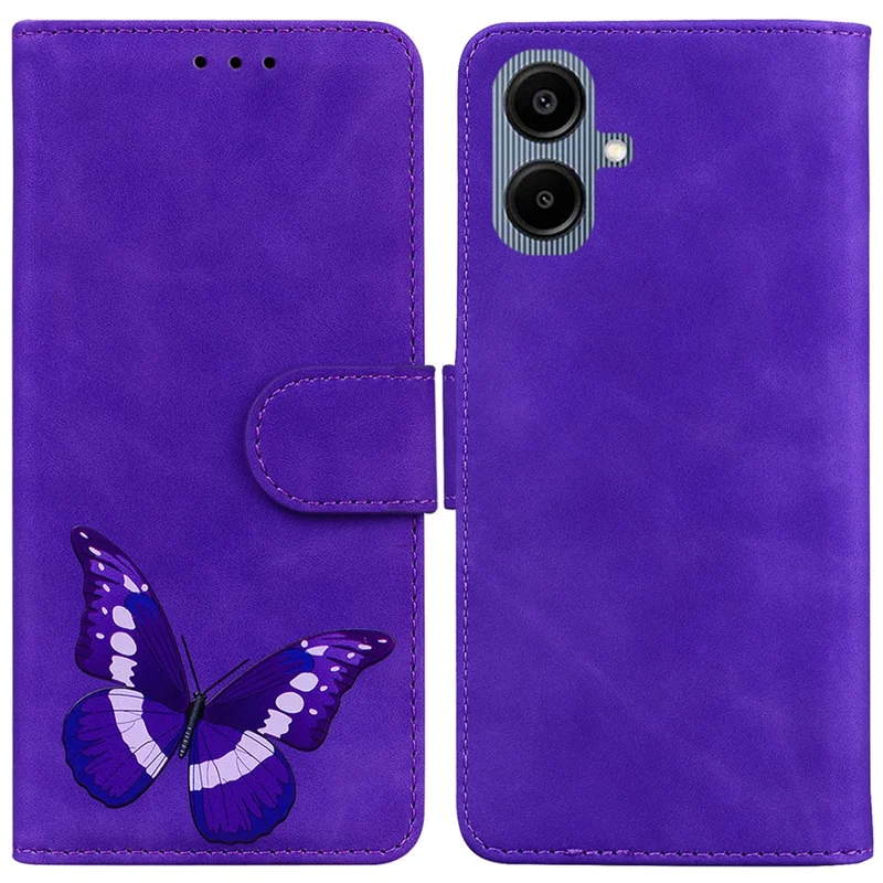 Capa de Celular para Samsung Galaxy A07 5G com Suporte em Couro Sintético com Estampa de Borboleta - Roxa
