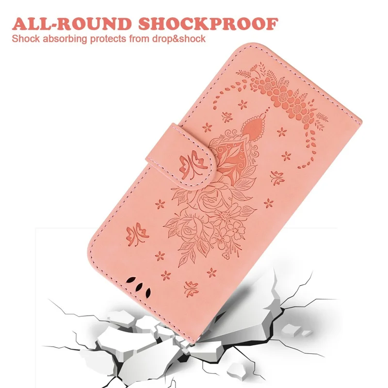For Samsung Galaxy A07 5G Case Butterfly Flower Imprint PU Leather Wallet Phone Cover with Strap - Pink