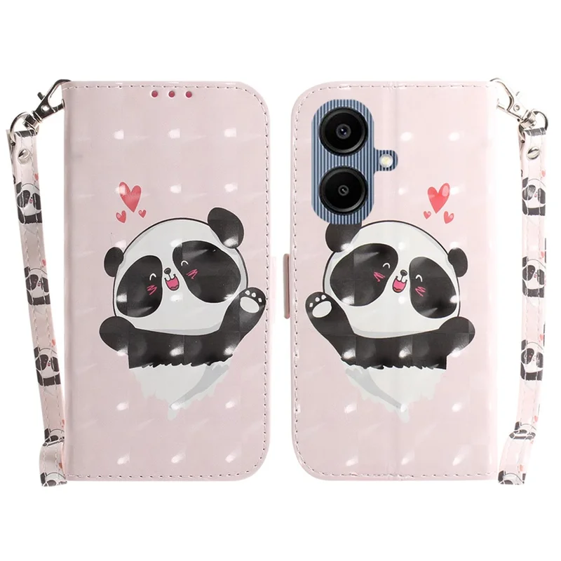 Capa para Samsung Galaxy A07 5G com Estampa de Padrão em Couro, Carteira e Alça de Pulso - Panda Coração de Amor