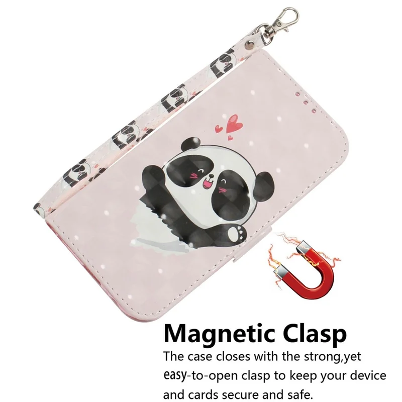 Capa para Samsung Galaxy A07 5G com Estampa de Padrão em Couro, Carteira e Alça de Pulso - Panda Coração de Amor