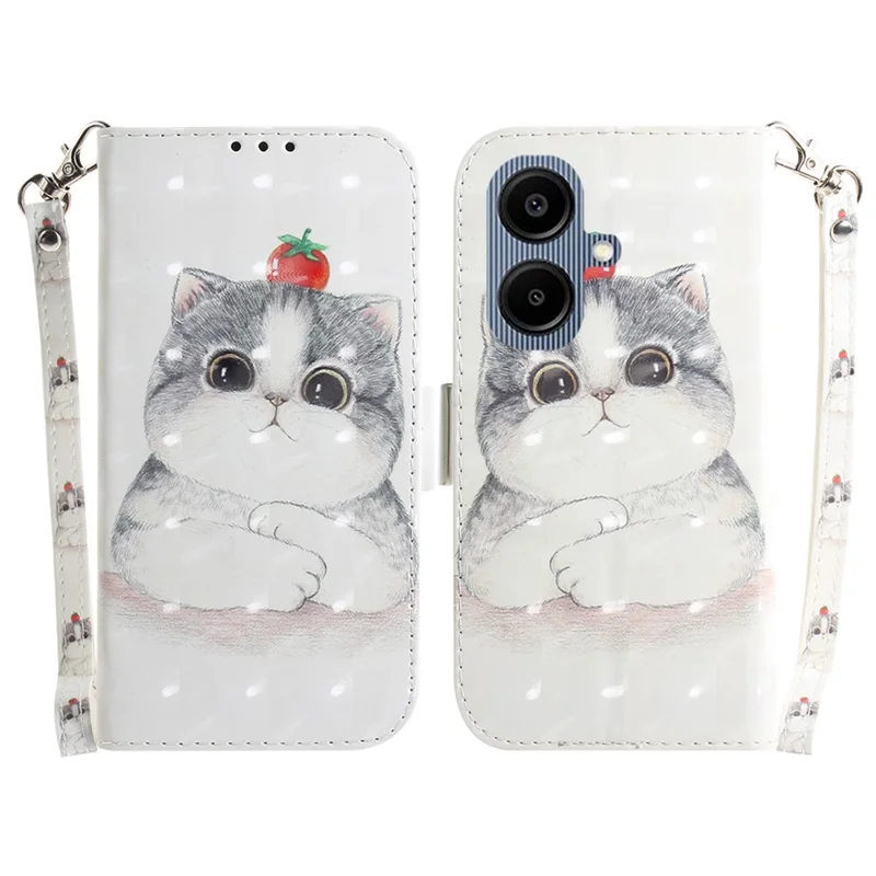 Cover a portafoglio per Samsung Galaxy A07 5G con stampa a motivi, cinturino da polso e gattino carino