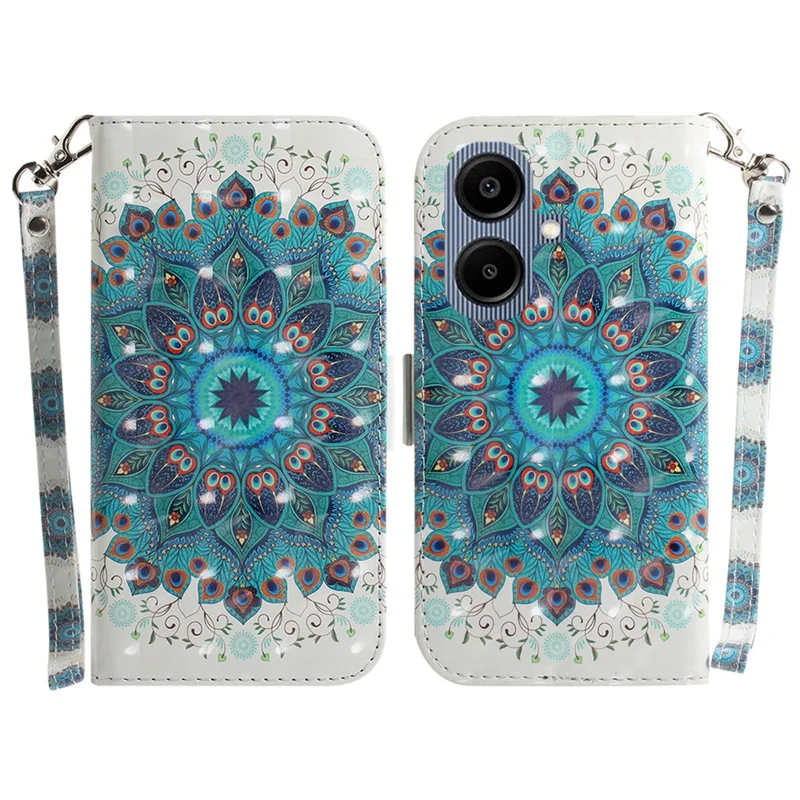 For Samsung Galaxy A07 5G Case Pattern Printing Leather Wallet Phone Cover with Wrist Strap - Peacock Wreath