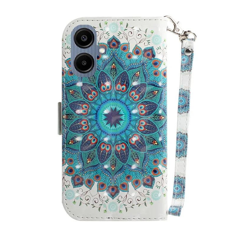 For Samsung Galaxy A07 5G Case Pattern Printing Leather Wallet Phone Cover with Wrist Strap - Peacock Wreath