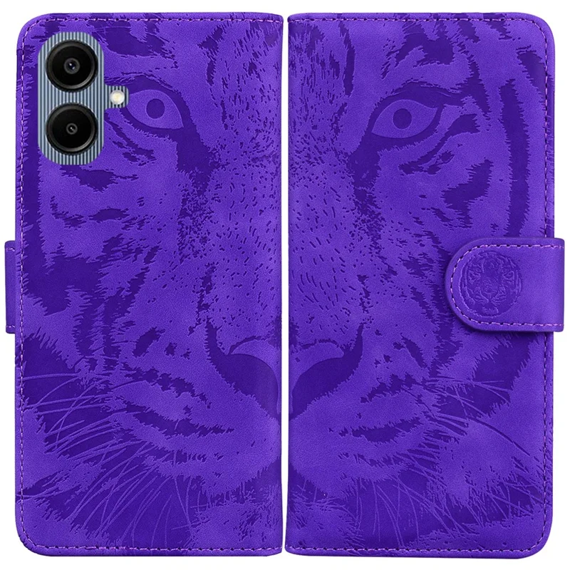 Capa para Samsung Galaxy A07 5G com Estampa de Tigre, Carteira de Couro para Celular - Roxa