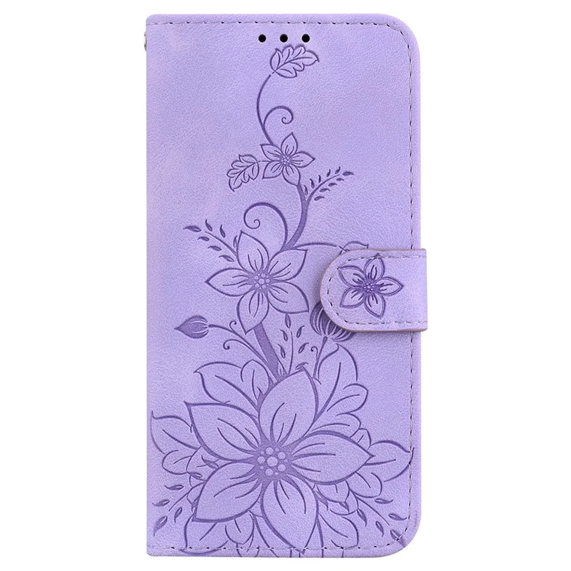Cover per Samsung Galaxy A07 5G con Supporto, Custodia in Pelle con Stampa di Fiore di Giglio e Cinturino da Polso - Viola