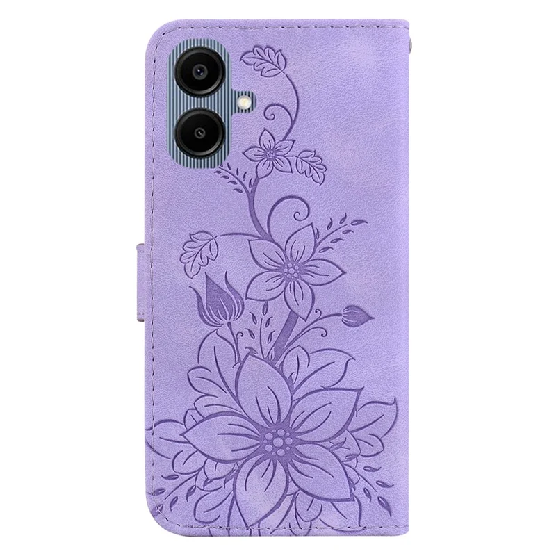 Cover per Samsung Galaxy A07 5G con Supporto, Custodia in Pelle con Stampa di Fiore di Giglio e Cinturino da Polso - Viola