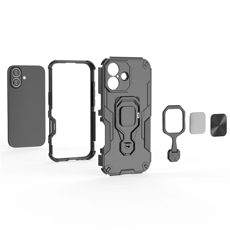 For iPhone 17 Case Rotatable Ring Kickstand PC + TPU Shockproof Phone Cover - Black