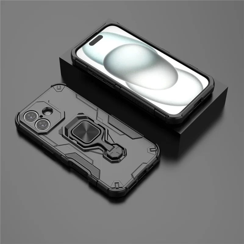 For iPhone 17 Case Rotatable Ring Kickstand PC + TPU Shockproof Phone Cover - Black