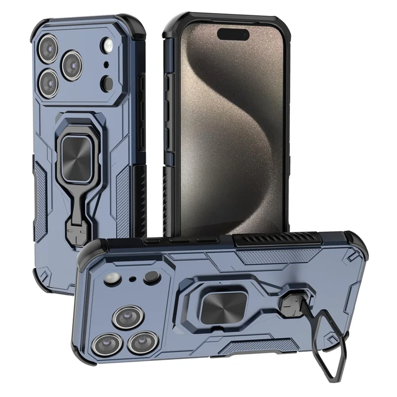 For iPhone 17 Pro Max Case Rotatable Ring Kickstand PC + TPU Shockproof Phone Cover - Navy Blue