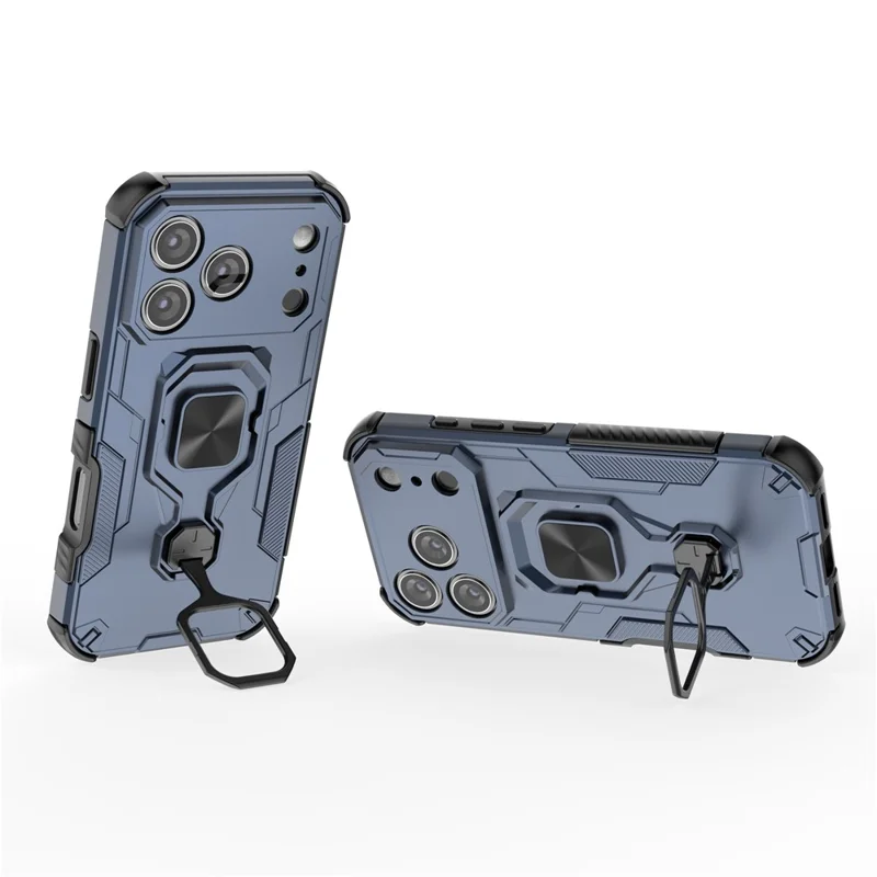 For iPhone 17 Pro Max Case Rotatable Ring Kickstand PC + TPU Shockproof Phone Cover - Navy Blue