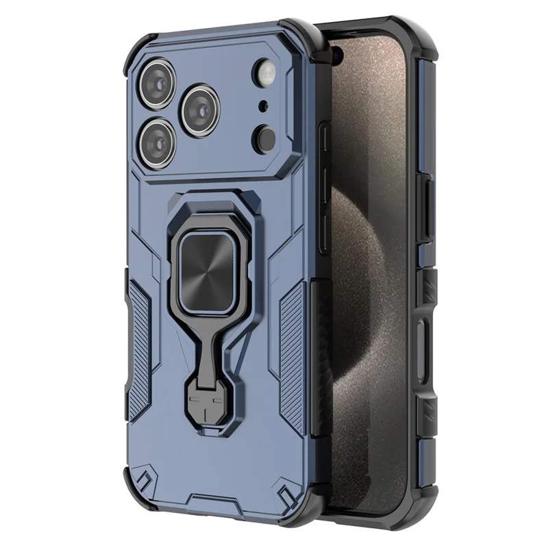 For iPhone 17 Pro Max Case Rotatable Ring Kickstand PC + TPU Shockproof Phone Cover - Navy Blue