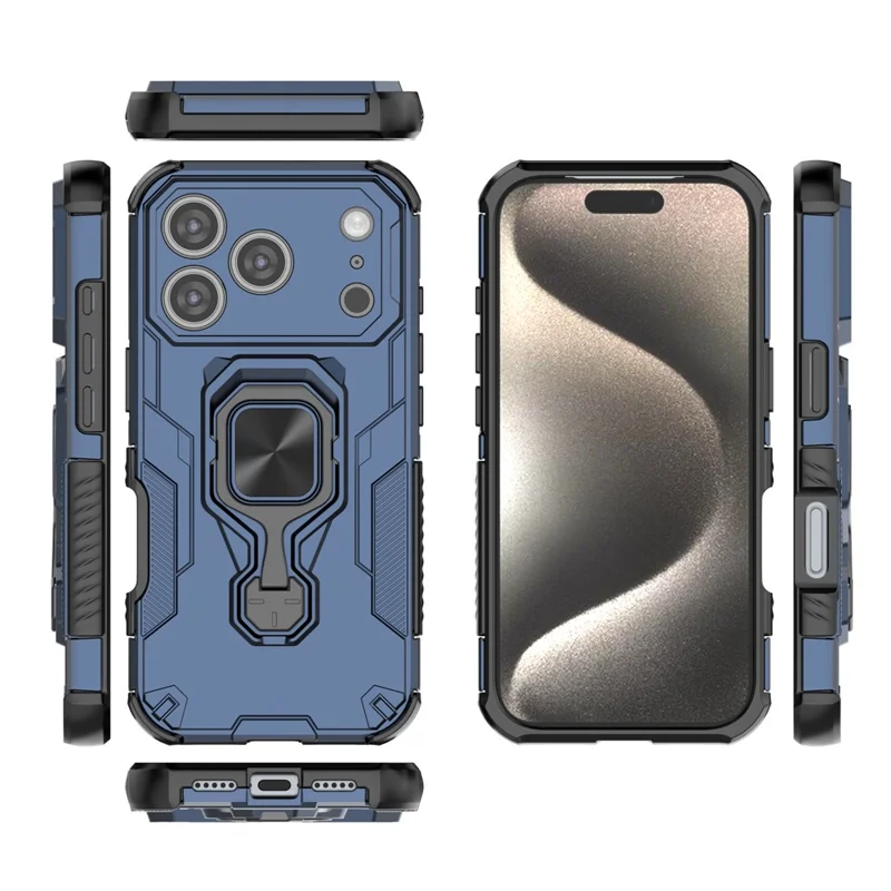 For iPhone 17 Pro Max Case Rotatable Ring Kickstand PC + TPU Shockproof Phone Cover - Navy Blue